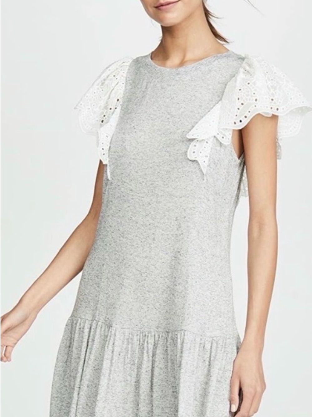 Brand New Rebecca Taylor Eyelet Sleeve Jersey Dress, Gray + White